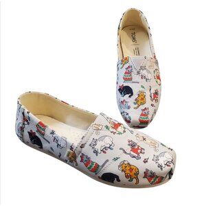 TOMS Belmont Christmas Holiday Cats Canvas Flat Shoes Slip On Womens 6.5 NWT